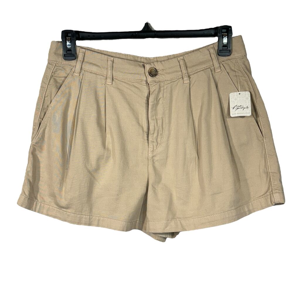 Free People SZ 8 Billie Chino Shorts Hi-Rise Pleated Pockets Zip-Fly Almond Milk